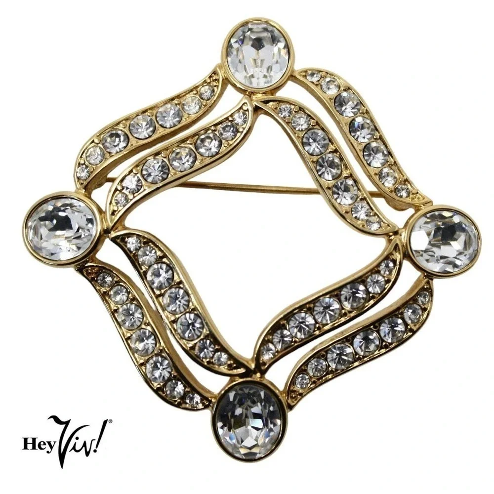 Vintage Signed Monet Pin Brooch Curvy Square w Rhinestones 2